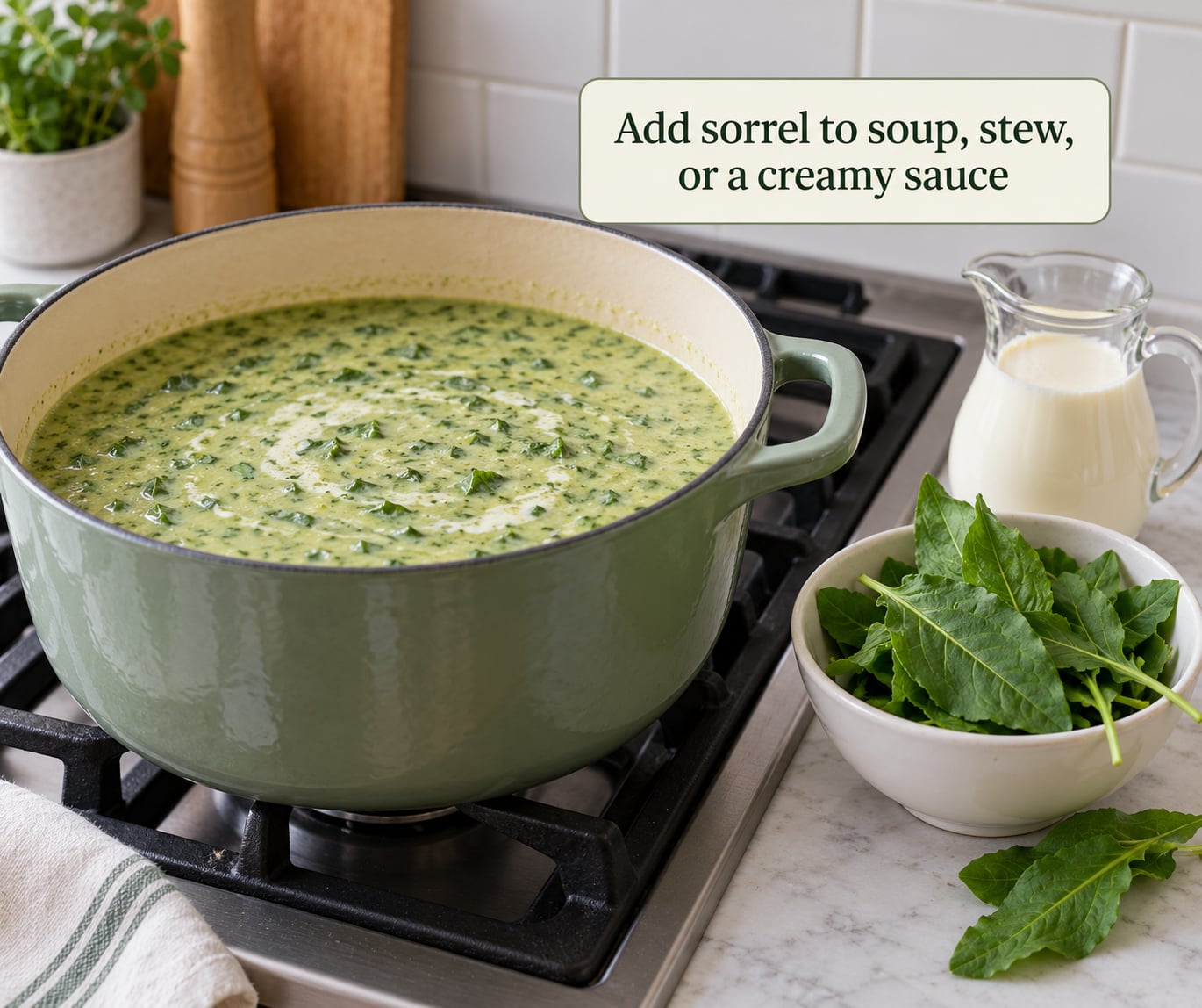 Add sorrel to soup, stew, or a creamy sauce